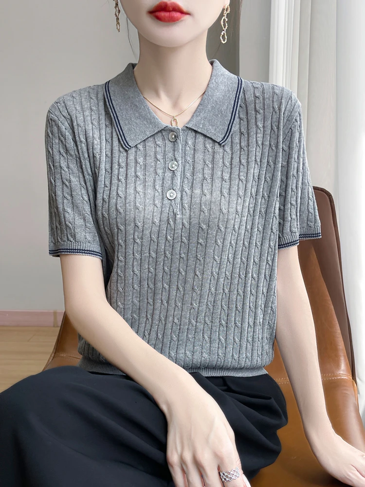 夏季新款竹节麻Polo领麻花短袖~~复古绞花撞色小香风开衫宽松外搭