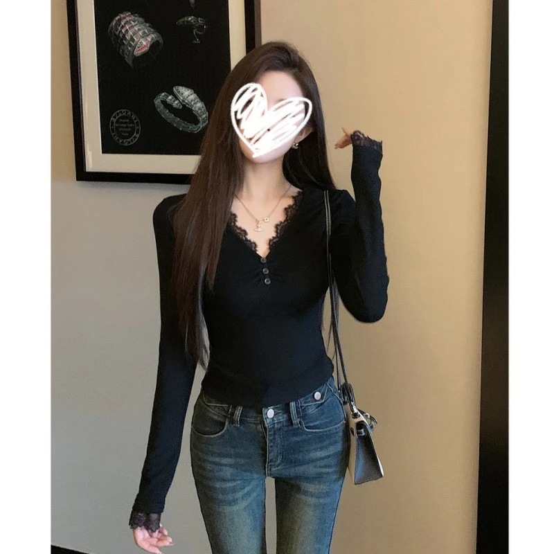 纯欲风V领辣妹风长袖蕾丝拼接加绒打底衫内搭小众气质百搭女上衣