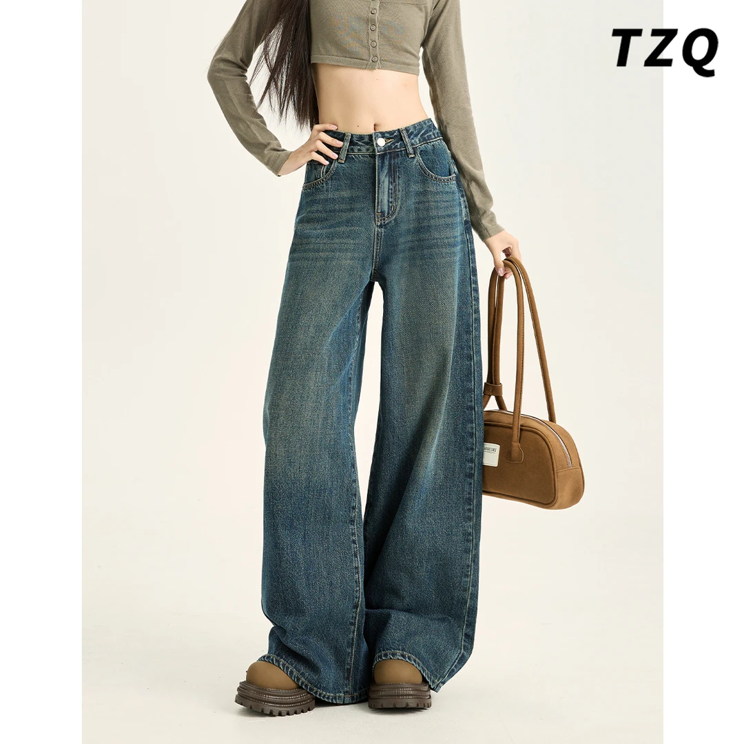 复古阔腿牛仔裤女款爆款2025新款秋季中低腰显瘦宽松百搭拖地裤子