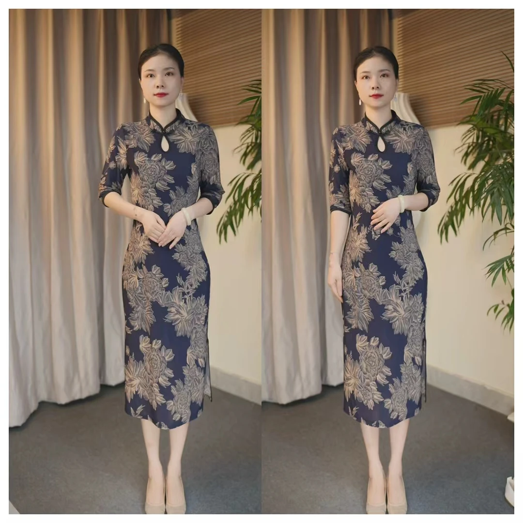 常规袖立领日常常规格子长袖旗袍裙子复古宫廷风国风