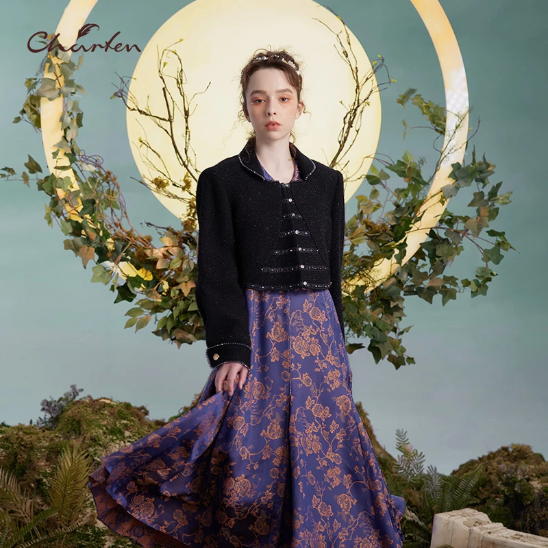 【媛媛专享】朝峰新款复古黑色短款外套女CFD3B052-0071A