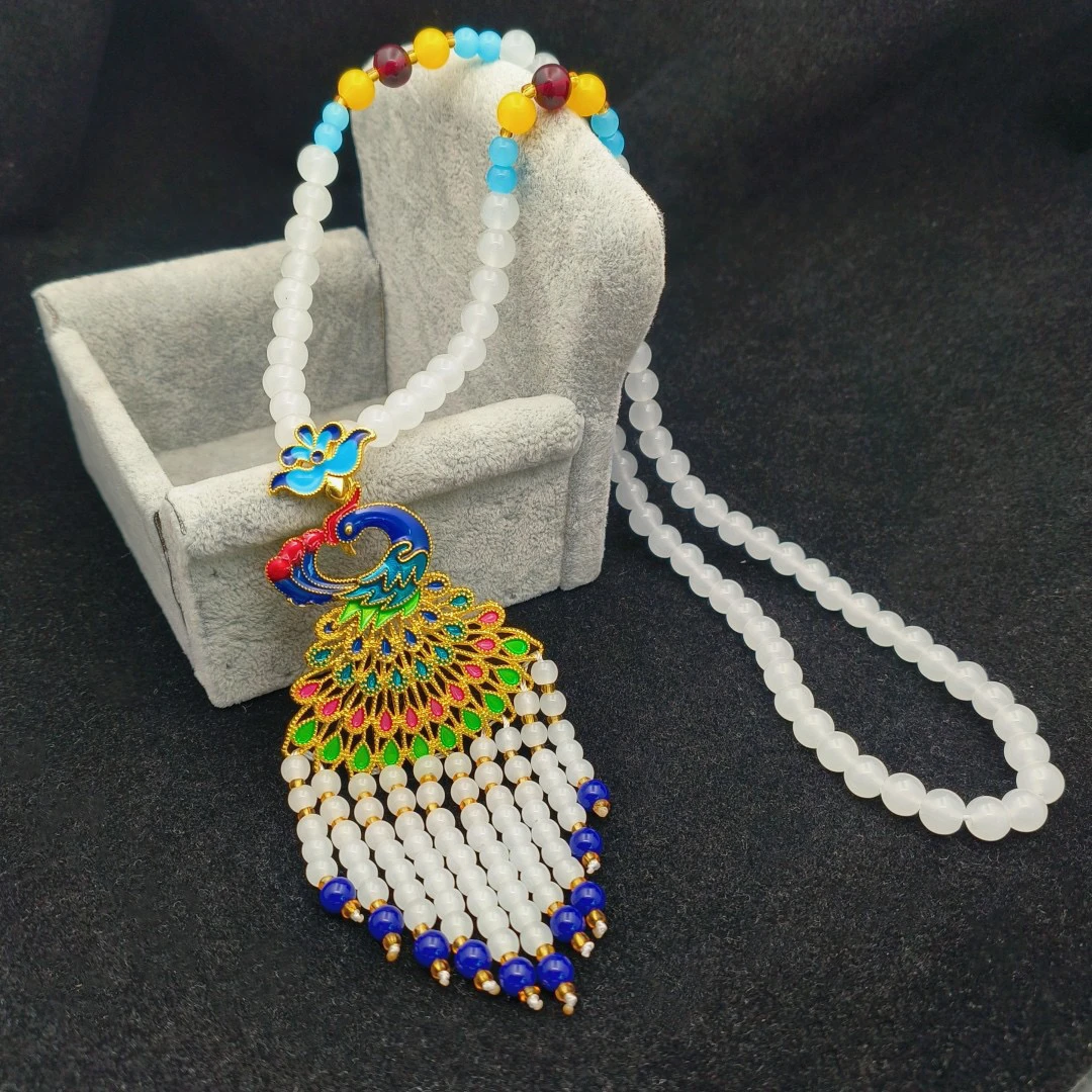 铜合金仿水晶项链 孔雀流苏百搭复古手工彩色毛衣链长款m031