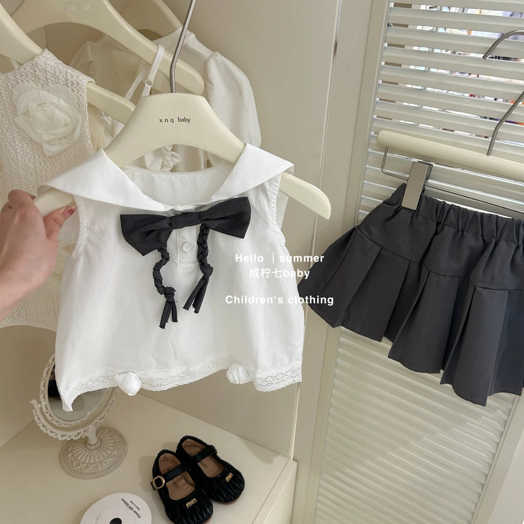 【咸柠七】女童夏季2025新款洋气女宝宝海军领无袖背心半身裙套装