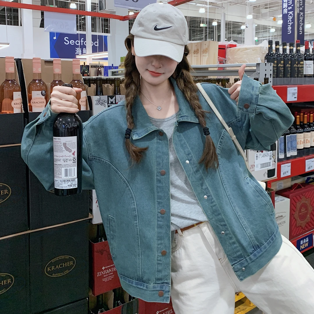 蓝色韩系休闲设计感牛仔外套女2025春秋新款宽松复古翻领短款夹克