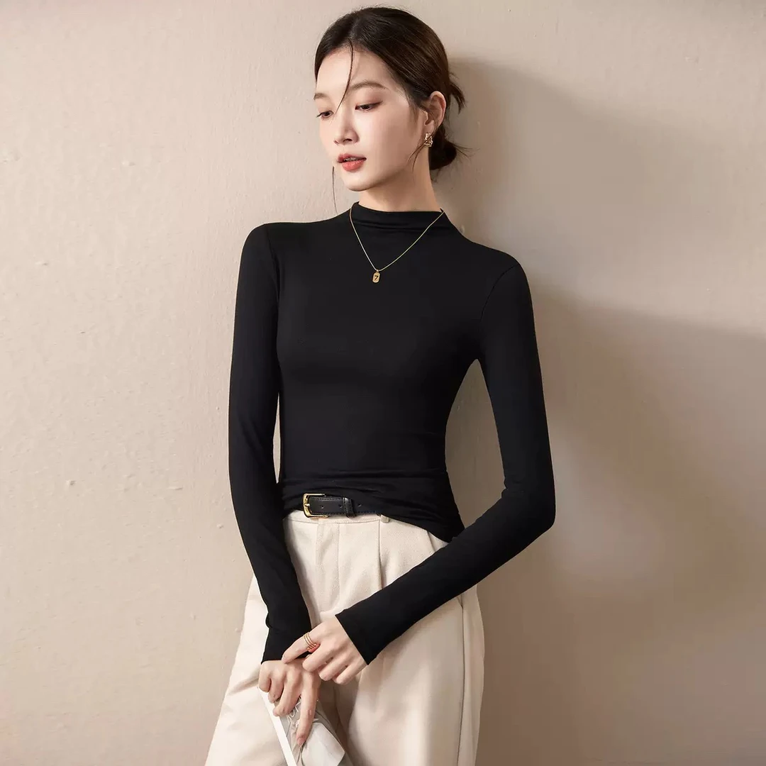 春秋冬新款半高领t恤女秋冬百搭修身显瘦中领打底衫长袖内搭上衣