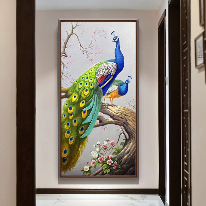 手绘油画玄关装饰画新中式挂画壁画走廊过道孔雀画大芬村