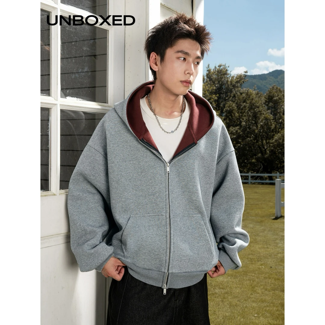 UNBOXED 460G重磅秋季撞色开衫运动连帽卫衣男女同款帽衫情侣外套