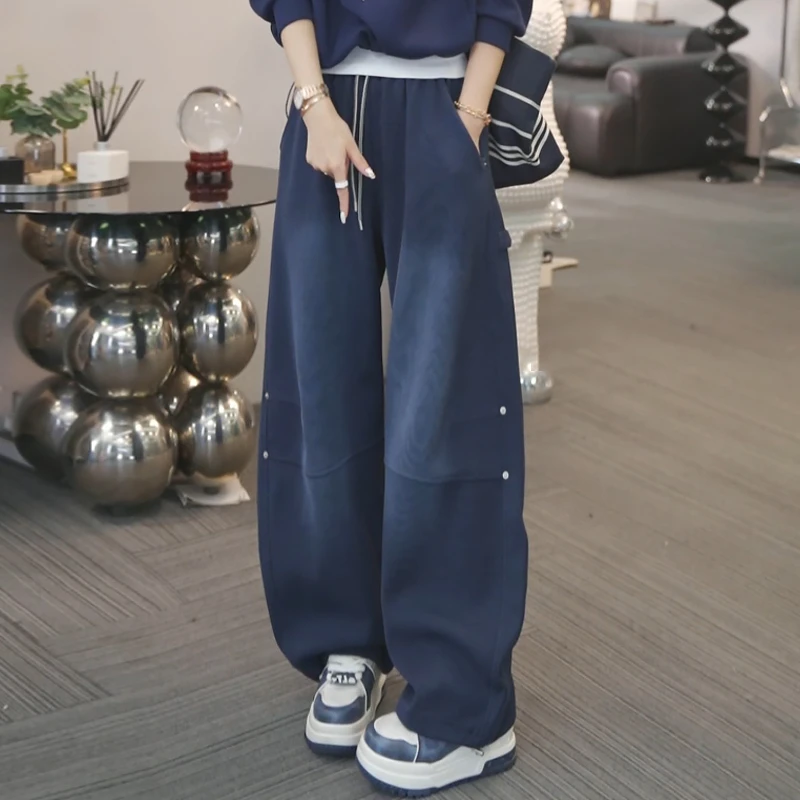 【调性松弛】2025早秋新款时尚休闲水洗炒色工装卫裤女士显瘦阔腿裤