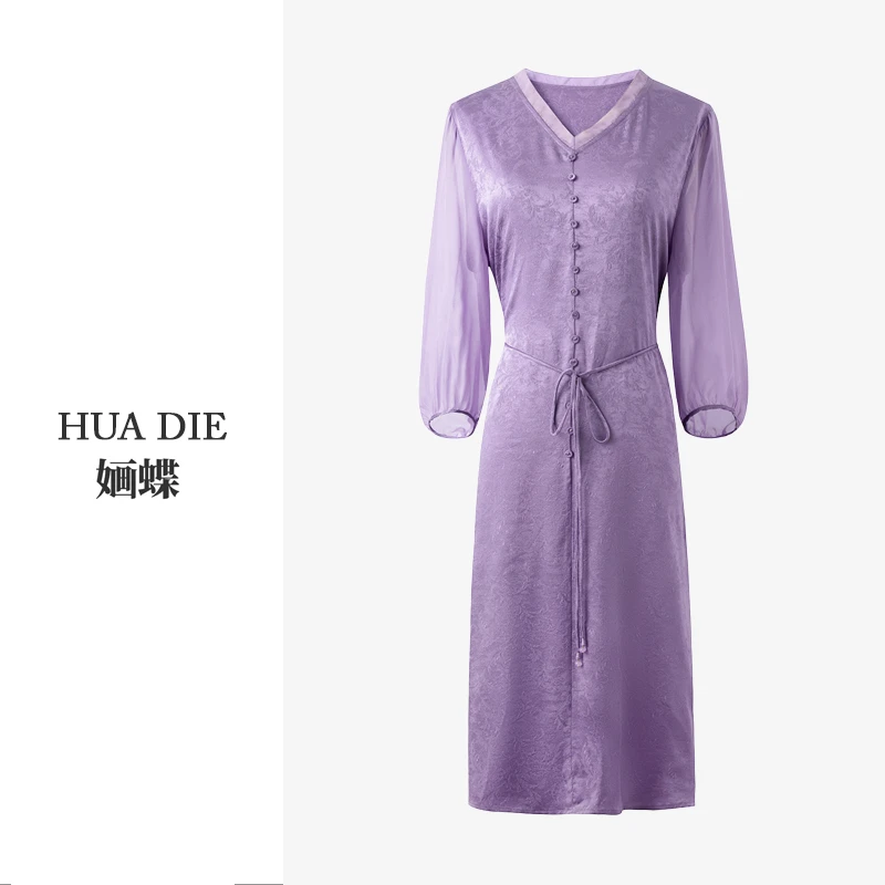 【重磅桑蚕丝】19姆米真丝弹力提花真丝V领显瘦女士连衣裙 A2506