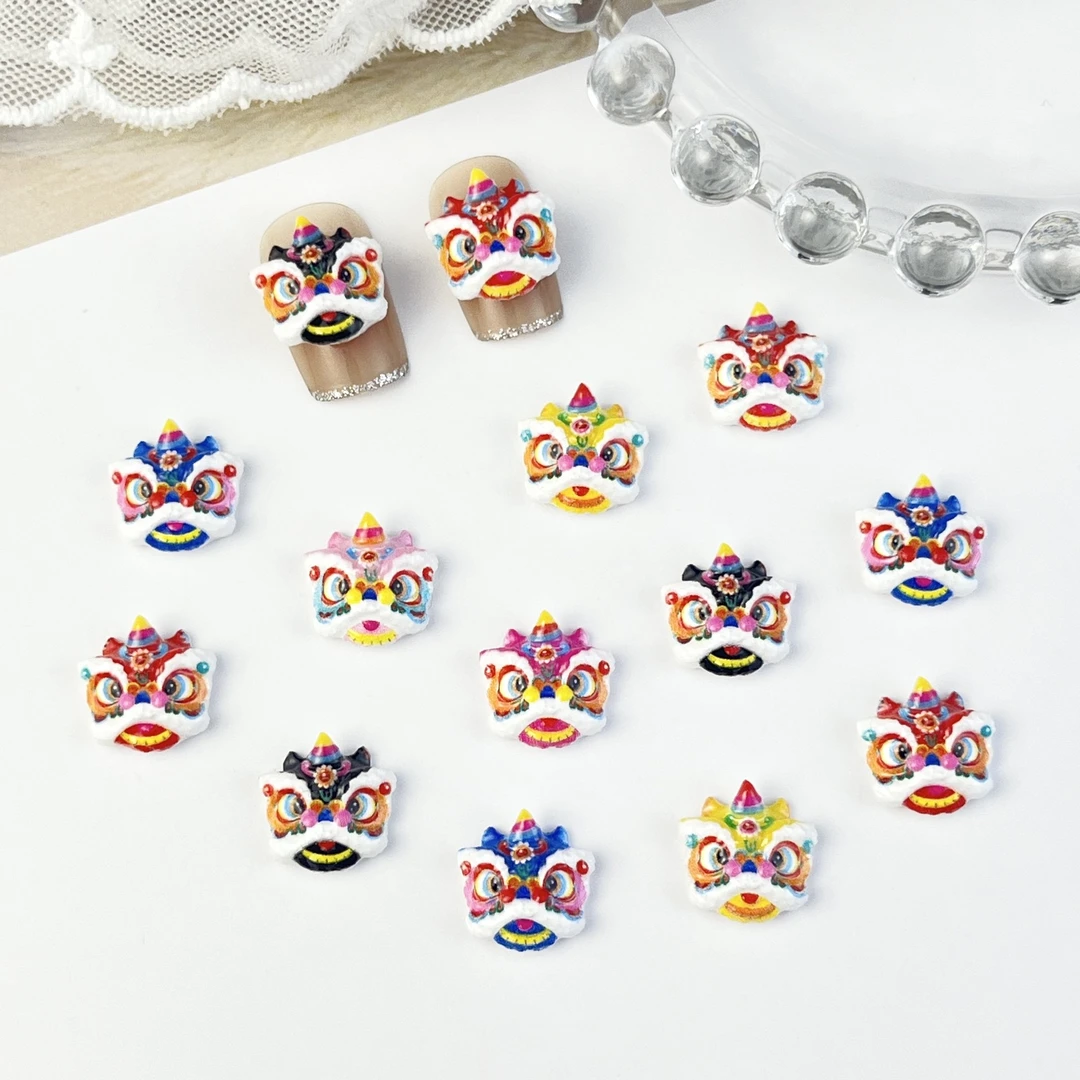 网红新年款卡通美甲饰品可爱立体国潮风醒狮树脂diy指甲配饰