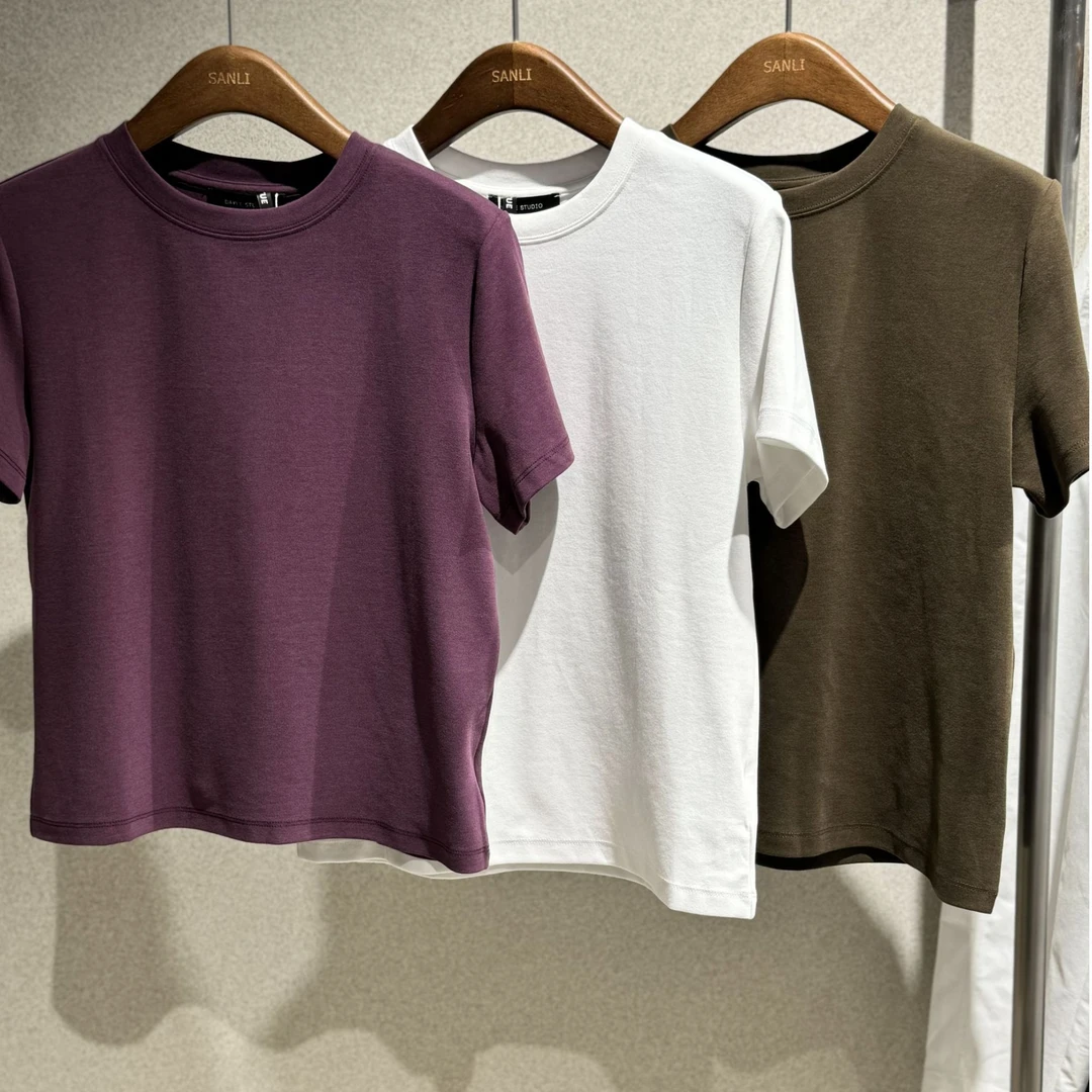 SANLI～瘦瘦T高品质正肩磨皮短袖时尚百搭洋气简约纯色圆领T恤上衣