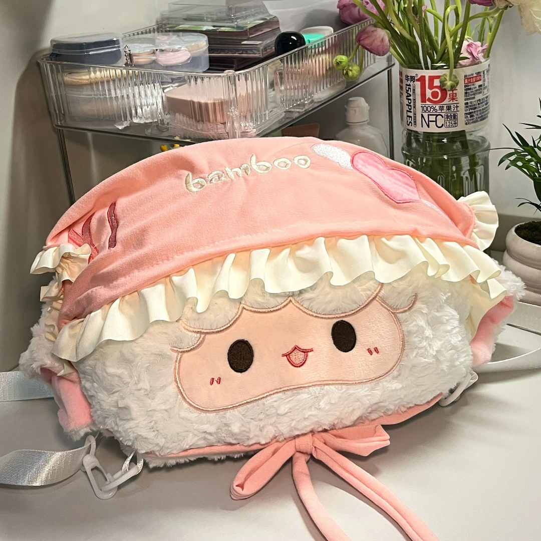 日系ins卡通粉色头巾小羊公仔毛绒双肩包甜妹日常通勤玩偶jk背包