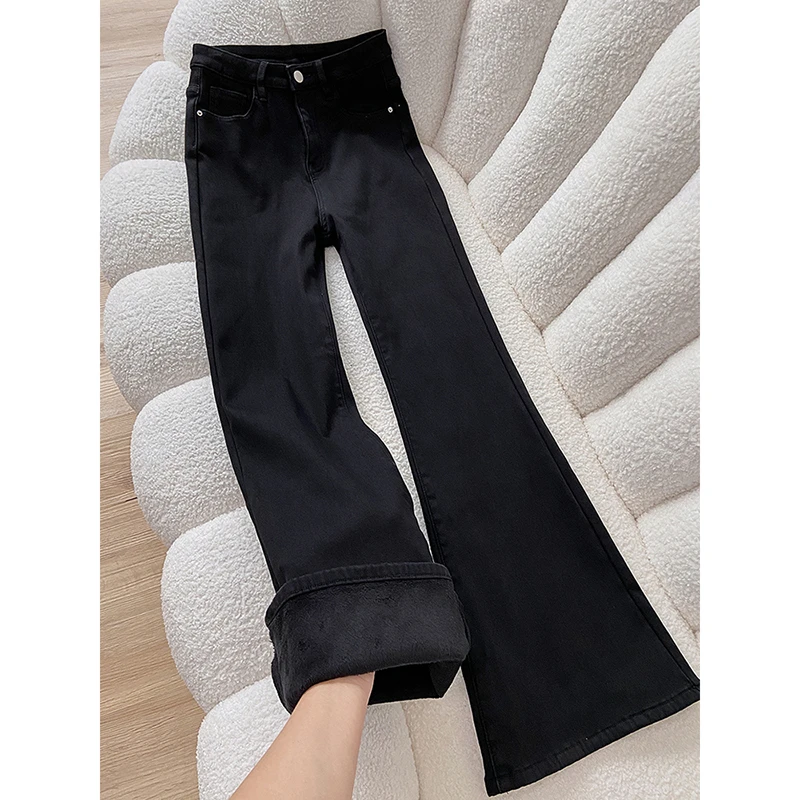 黑色加绒微喇牛仔裤女2025冬季新款小个子宽松直筒垂感马蹄喇叭裤