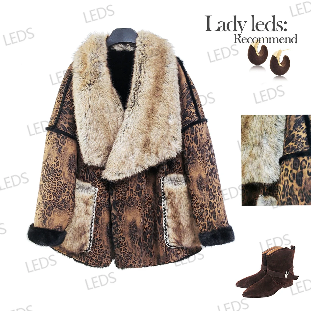 LEDS 2891冬季新款轻熟风豹纹大毛领保暖外套