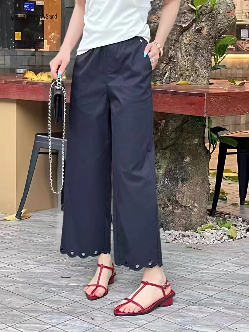 夏季新款镂空花边设计显瘦九分直筒阔腿裤休闲百搭