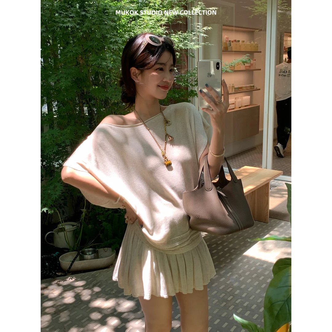 MUKOK  清透亚麻天丝12针一字领短袖针织衫百褶半身裙慵懒感套装