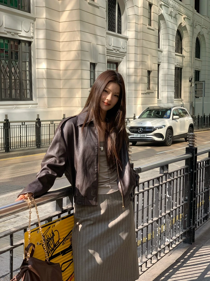 MAR 2025美式复古廓形短款皮衣女翻领PU夹克外套613019