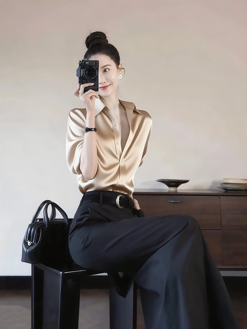 SS2020香槟色缎面衬衫女2025衬衣韩版宽松女士衬衫上衣半裙两件套