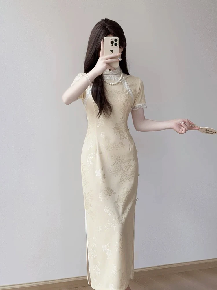 黄色长款改良旗袍新款2025年轻款女中式民国风复古走秀连衣裙夏季