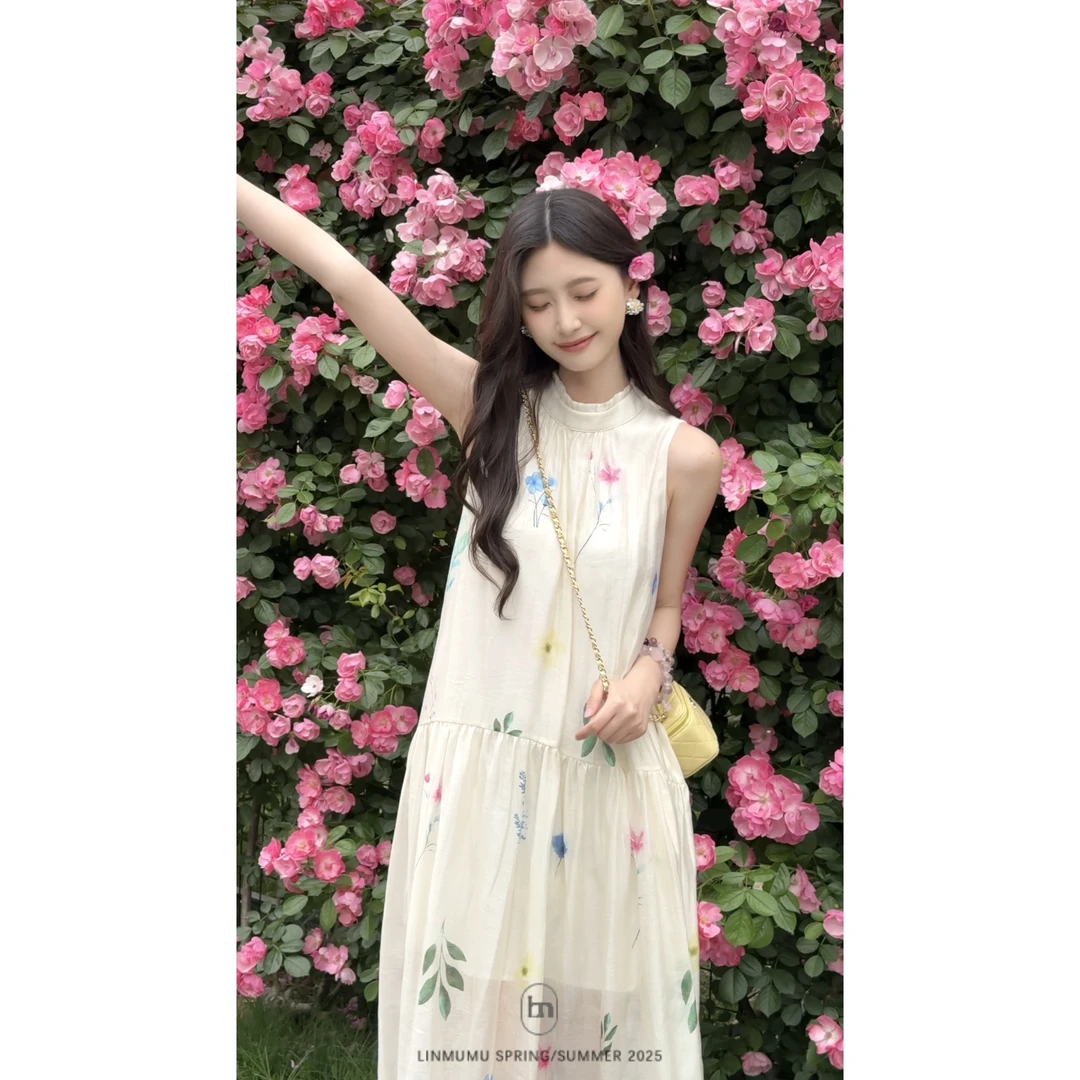 Lin/林木木2025馥郁花园中长款印花挂脖连衣裙夏季露肩宽松大摆裙