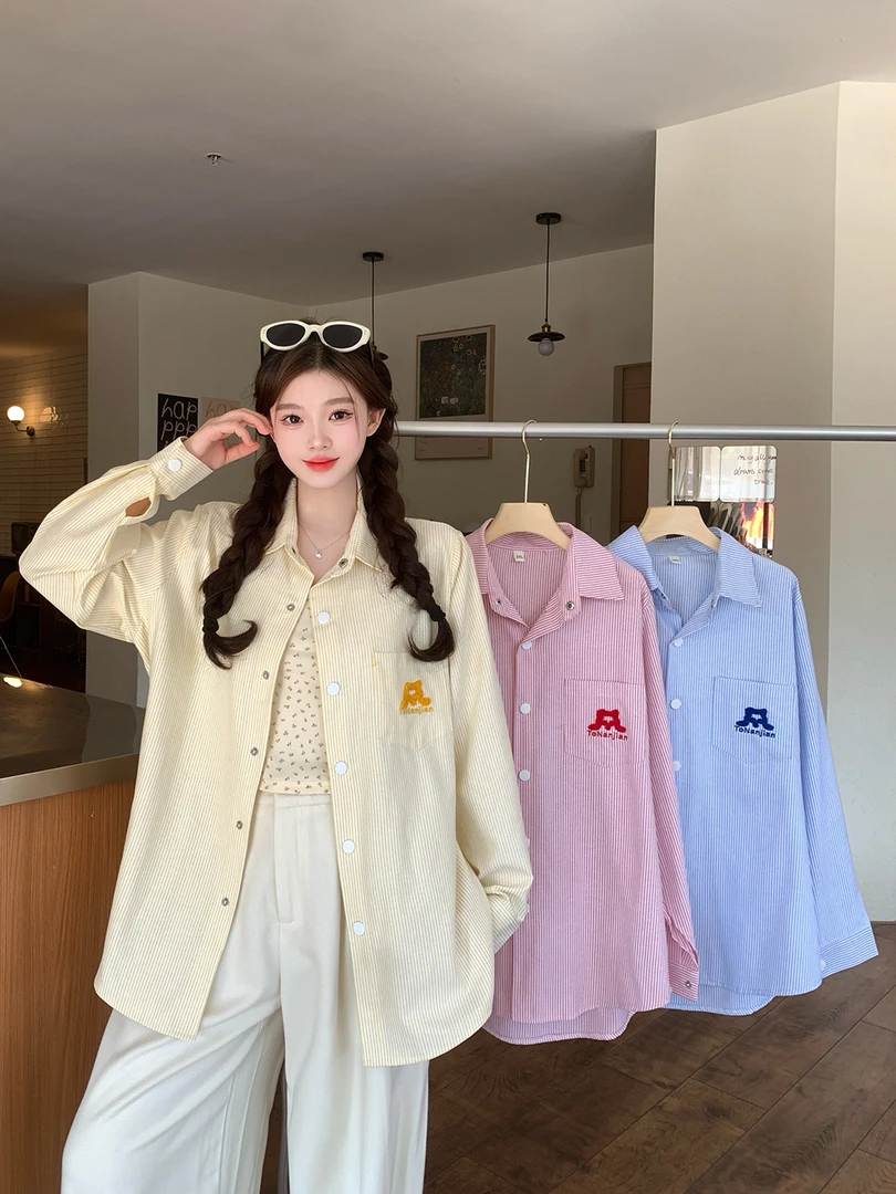 大码女装新款条纹衬衫长袖防晒衬衣叠穿外套3087