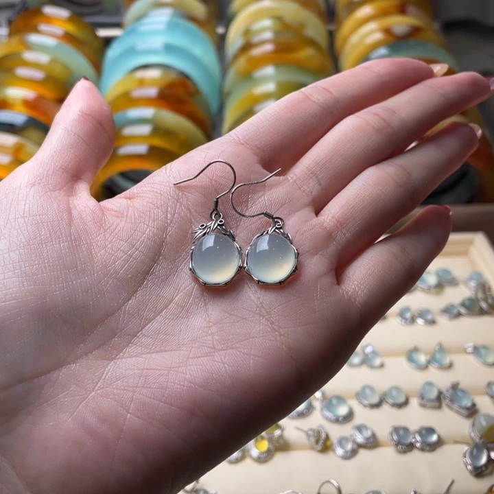 蛇纹石玉耳环银S925镶嵌-*明