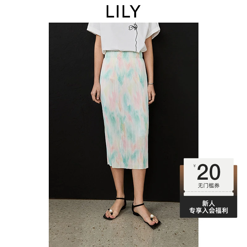 LILY2025春新款女装新中式漆艺渐染印花弹力直筒裙女125159C6927
