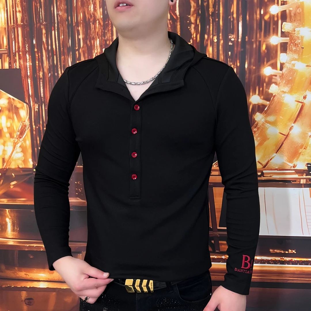 2024新款男士秋季上衣长袖套头黑色美式潮流翻领休闲百搭帅CLY-31