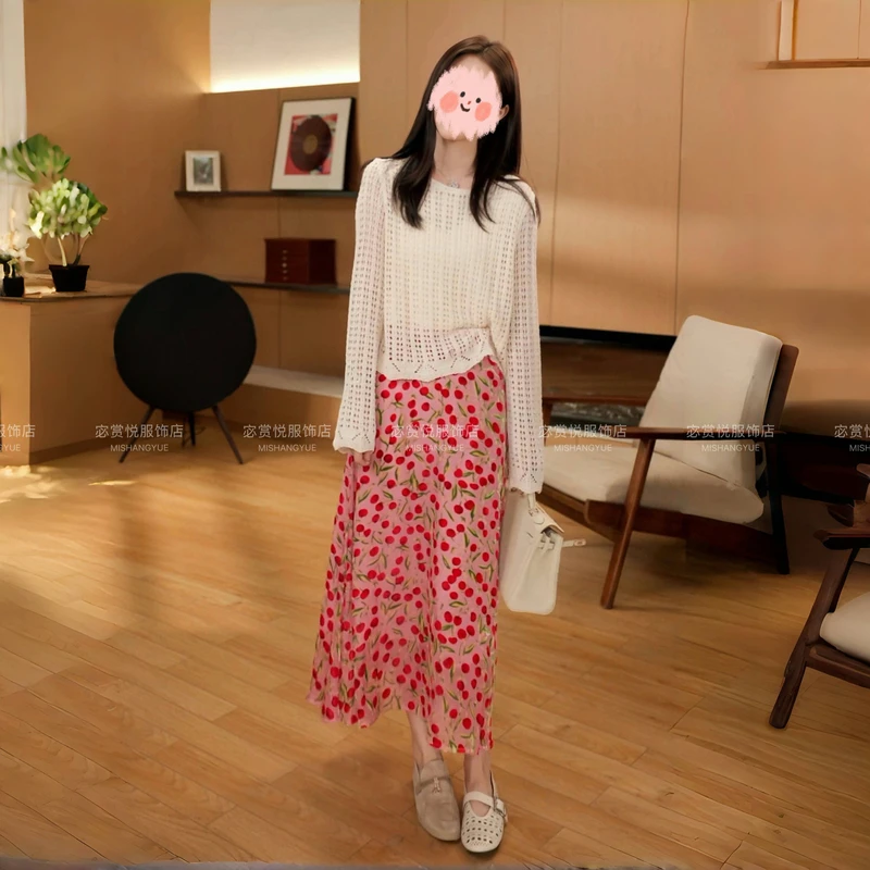 早春穿搭一整套女装镂空时尚毛针织衫+樱桃半身裙两件套百搭休闲