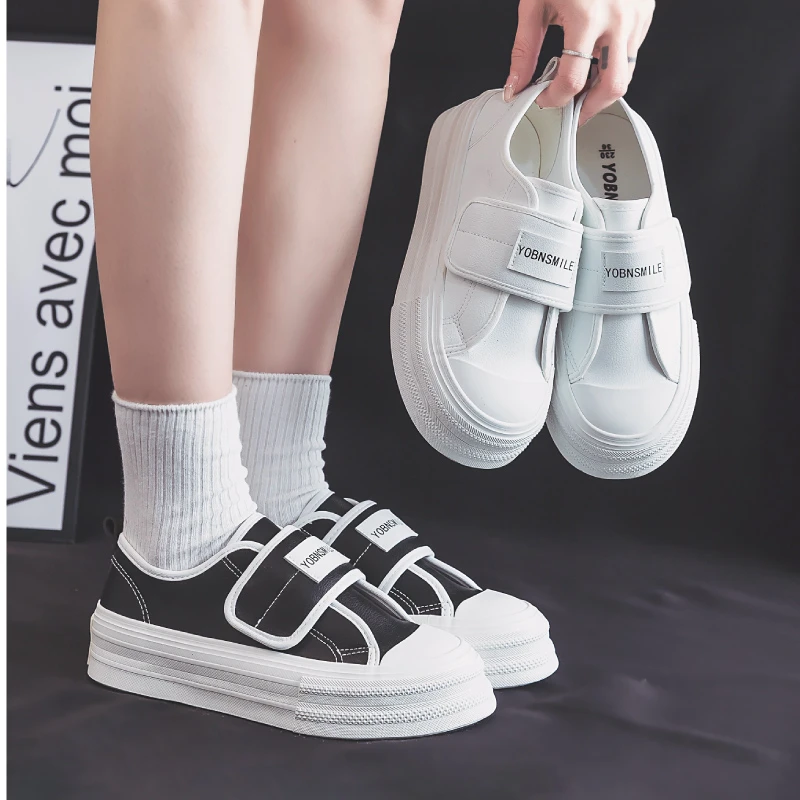 【Xin】百搭小白鞋春季魔术贴2025新款厚底帆布鞋休闲一脚蹬板鞋