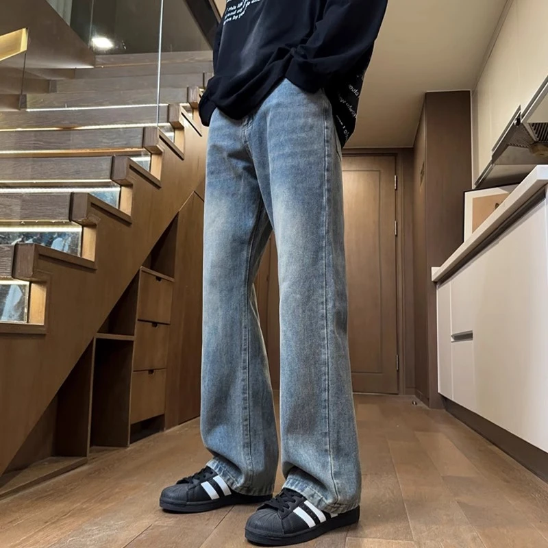 美式风牛仔裤男春秋冬季宽松直筒裤加绒加厚青少年微喇高街长裤子