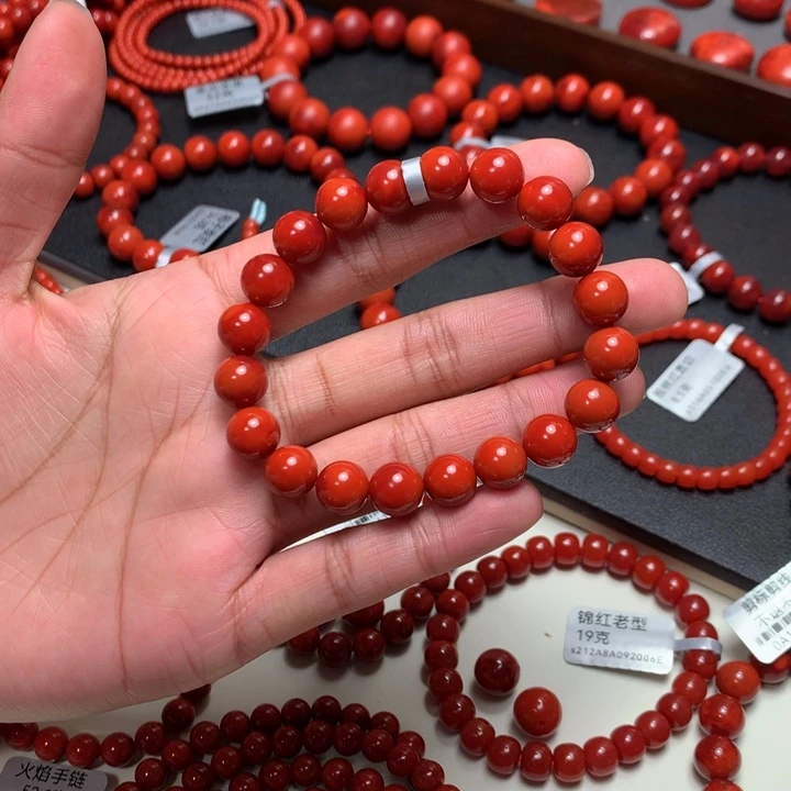 南红玛瑙未镶嵌手串9.2mm+柿子锦红圆珠手串 收藏级
