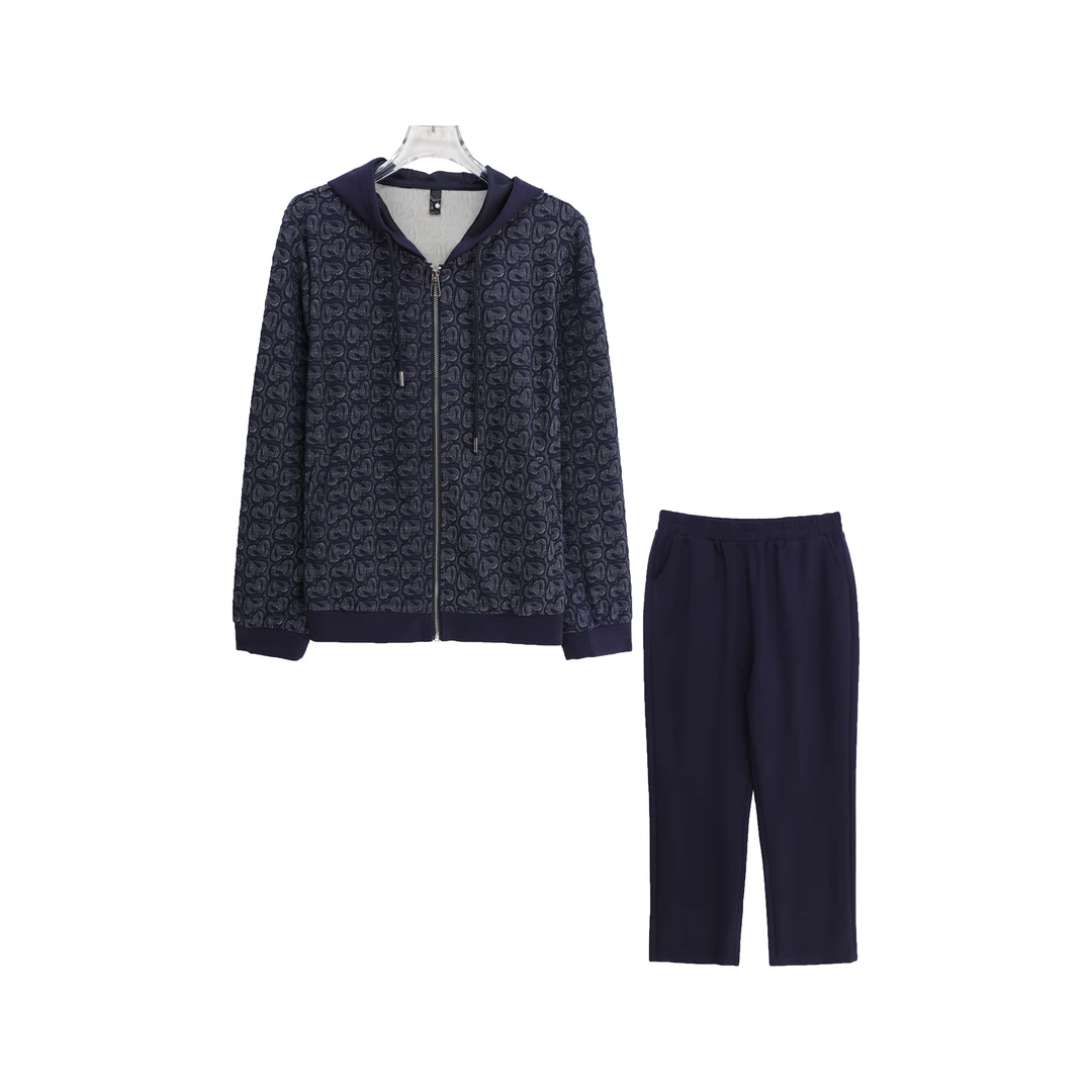 连帽抽绳印花拉链上衣纯色休闲裤套装S4707