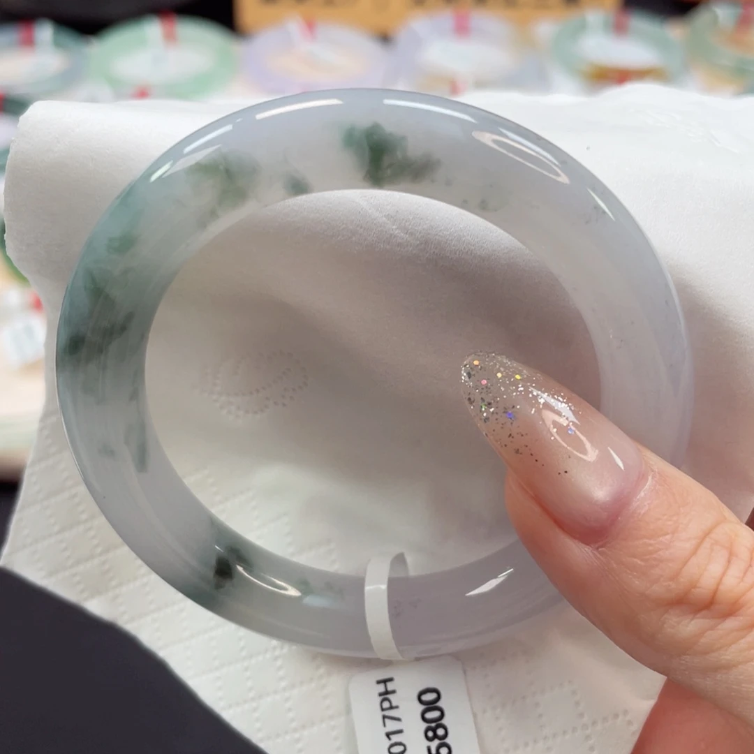 未镶嵌手镯翡翠53藕粉飘水草绿花无棉感24号