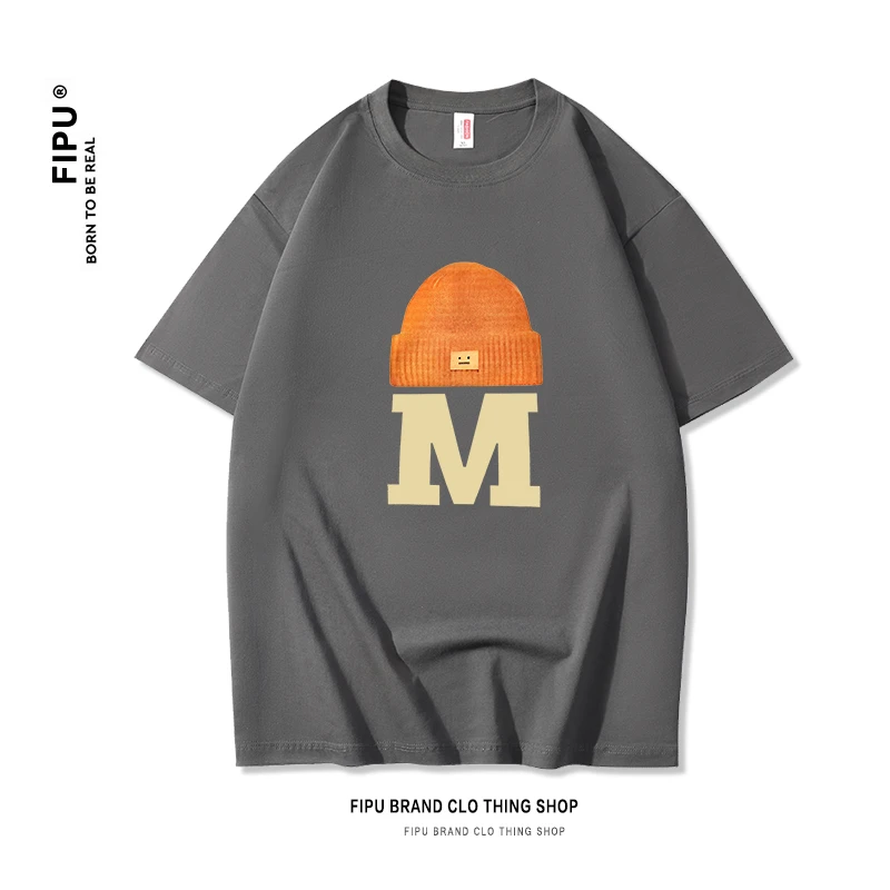 FIPU2025夏季落肩美式短袖T恤百搭宽松印花港风大码圆领休闲半袖