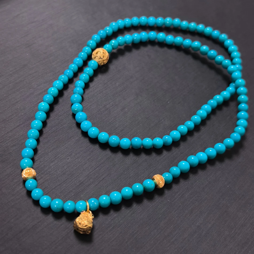 【安曼博】S925银绿松石 美松圆珠多圈手串约4mm 长约53cm XZ0206BZ