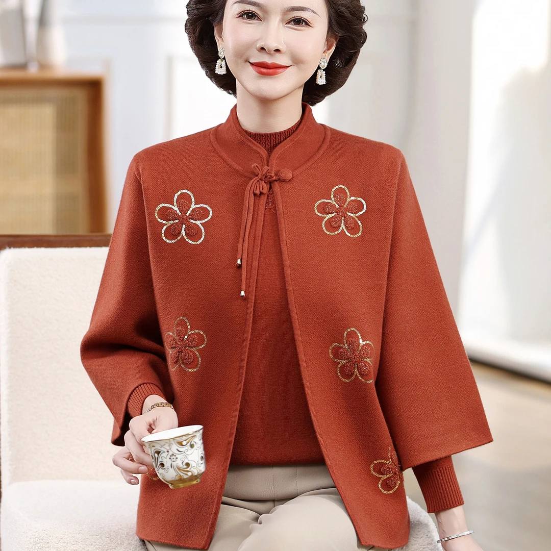 秋季妈妈时尚针织两件套上衣中老年女春秋新中式针织开衫毛衣套装