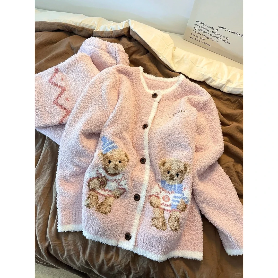 韩系甜美可爱粉嫩泰迪熊半边绒睡衣女冬季加绒加厚保暖套装家居服