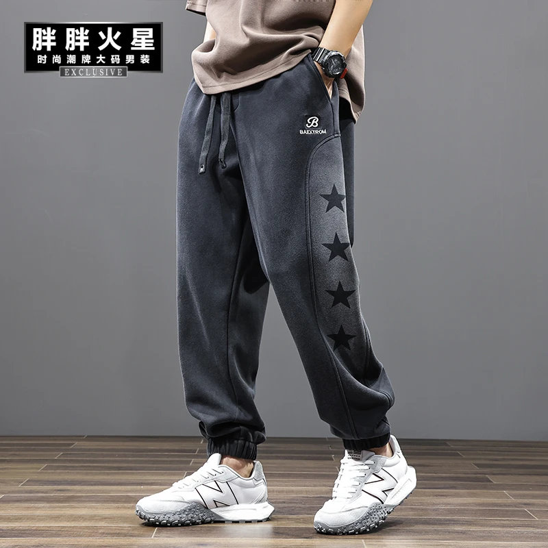 胖胖火星大码男装水洗做旧刺绣印花束脚裤春季重磅宽松抽绳休闲裤
