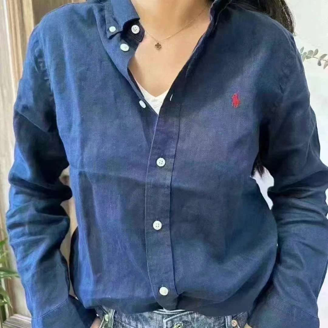 专柜藏蓝色拉夫劳伦女棉麻麻布长袖衬衣 16-20岁
