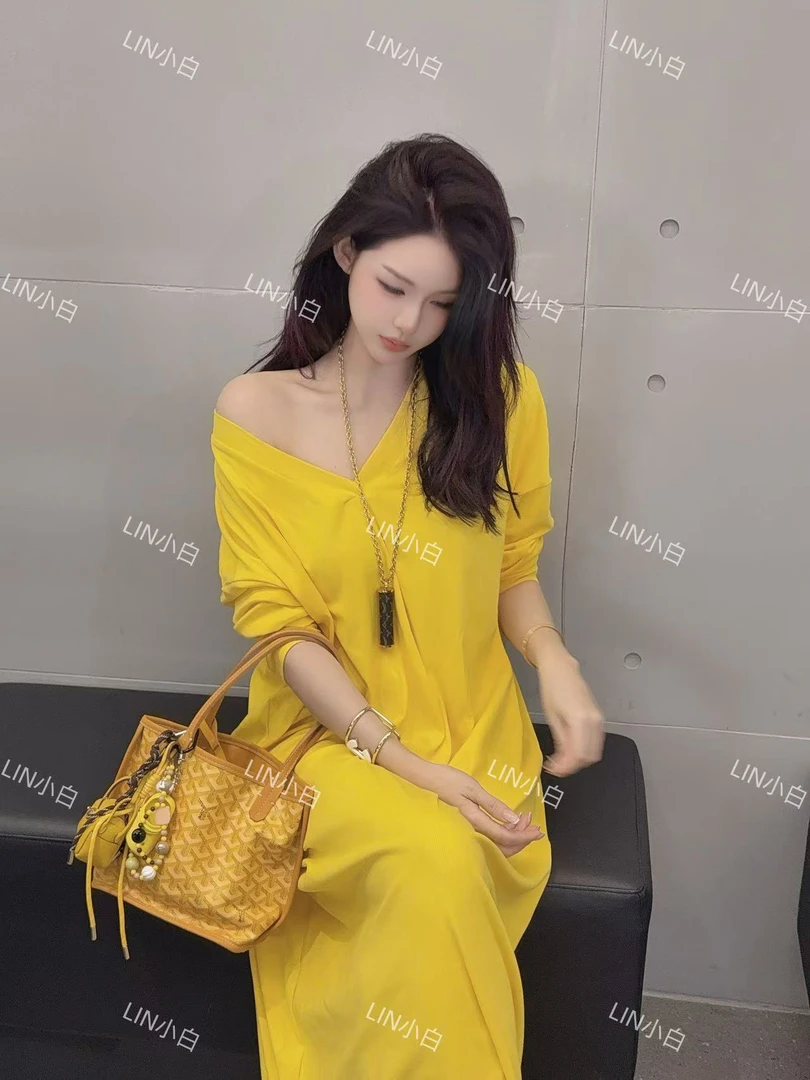 LIN小白 度假风女神慵懒黄色V领长裙2609