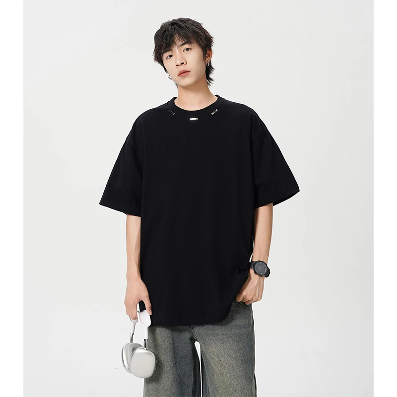 重磅纯棉短袖男T恤夏季高街痞帅设计感钢标T恤潮牌宽松圆领上衣男