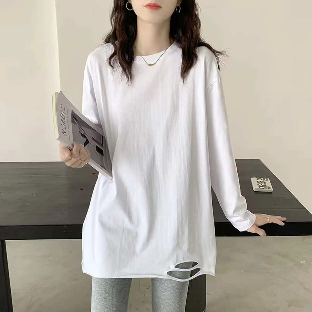 开叉纯棉长袖T恤女新款设计感宽松显瘦纯色圆领上衣