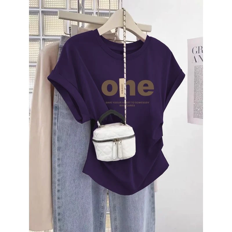 小飞袖正肩纯棉圆领短袖t恤女士设计感小众洋气褶皱收腰上衣夏季