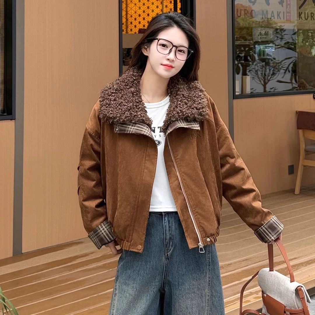 152区2517浅咖大毛领翻领格子撞色麂皮绒复古工装棉服外套