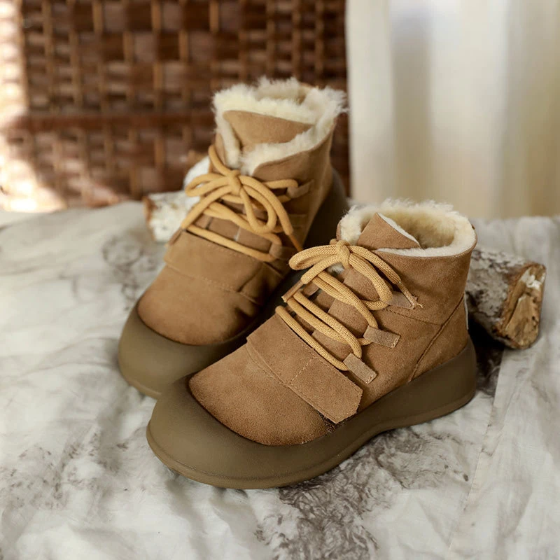 牛皮羊毛棉靴系带小丑靴子休闲森系百搭保暖冬季新款短靴