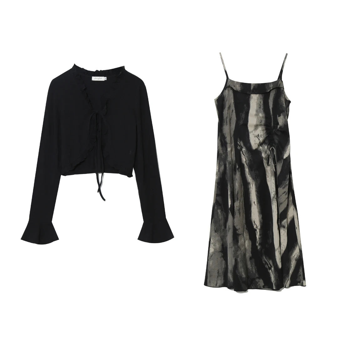 【狂欢价】7735新品大码套装女设计感水墨长袖开衫吊带裙两件套抽绳