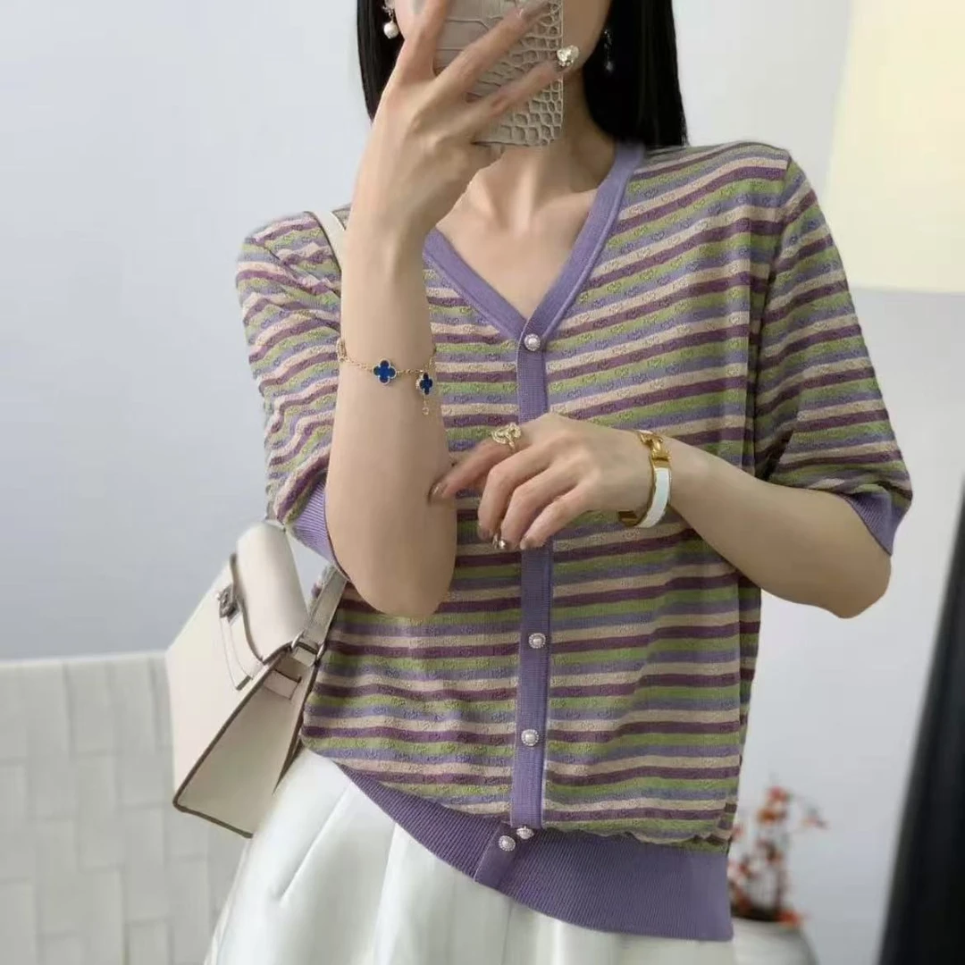 2025夏季新款气质复古设计感休闲上衣法式小众慵懒风短袖针织衫女