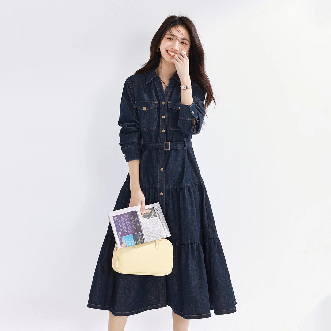 伊芙丽衬衫领不易掉色显瘦牛仔连衣裙经典休闲裙子女1G1993001