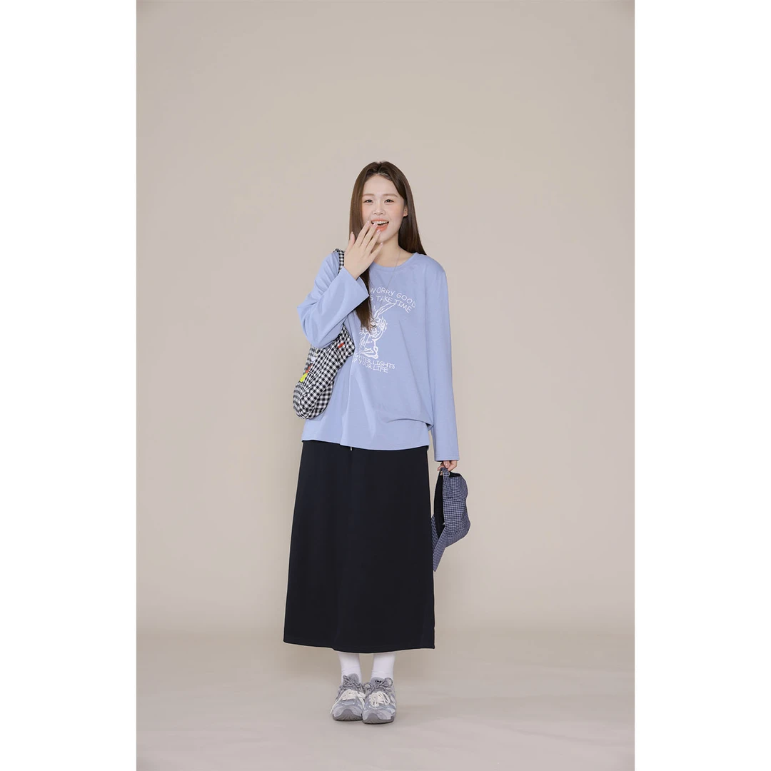 现货1010X大婉酱千千微胖定制秋季圆领印花长袖卫衣减龄字母T恤